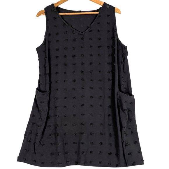 Swiss Dot Black Mini Dress ALine Women Large Textured Lagenlook Tunic Semi Sheer - Picture 1 of 9